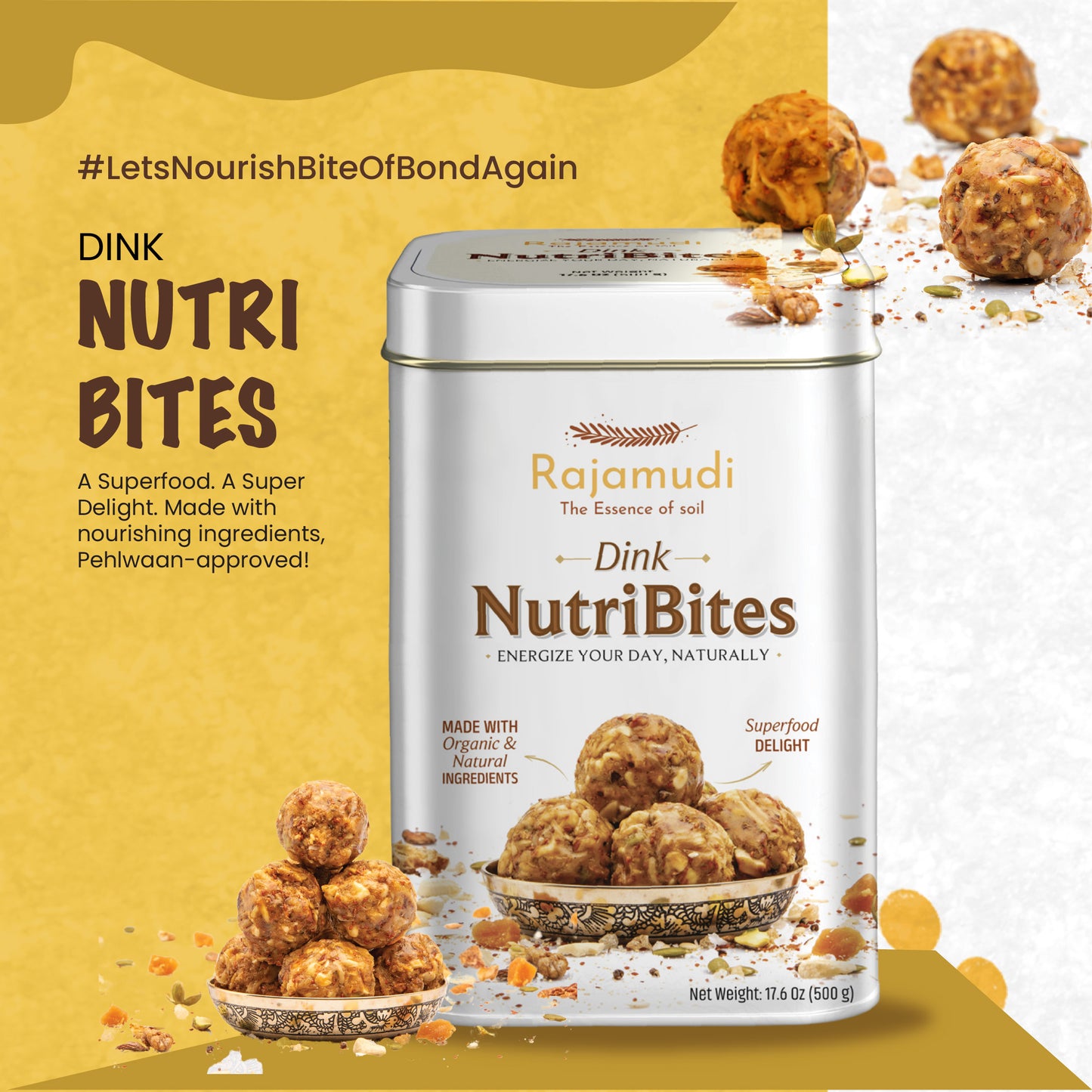 Rajamudi Dink Nutribites 500 gms | Dry Fruits & Seeds Ladoo | No Flavours added|No Preservatives|No Sugar | Contains Pumpkin Seeds, Pistachio, Nutmeg, Walnut, Dates | Nutritional Powerhouse