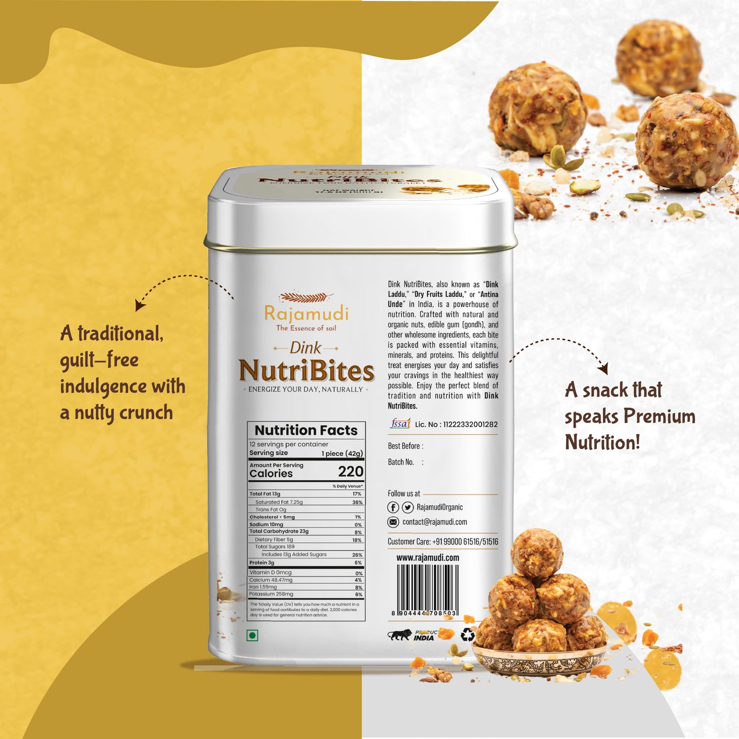Rajamudi Dink Nutribites 500 gms | Dry Fruits & Seeds Ladoo | No Flavours added|No Preservatives|No Sugar | Contains Pumpkin Seeds, Pistachio, Nutmeg, Walnut, Dates | Nutritional Powerhouse