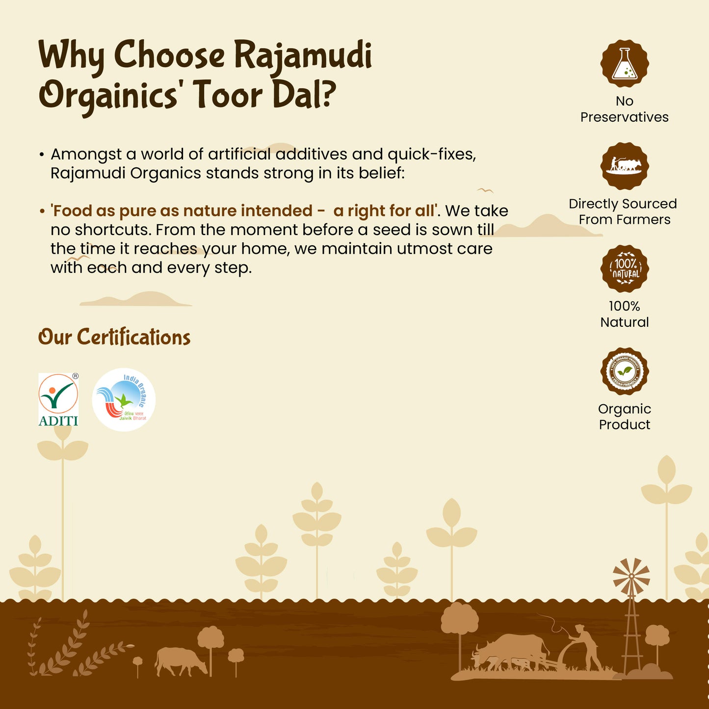 Organic Toor Dal 2kg | Unpolished Arhar Dal | High in Protein & Fiber| Certified Organic - Rajamudi Organics